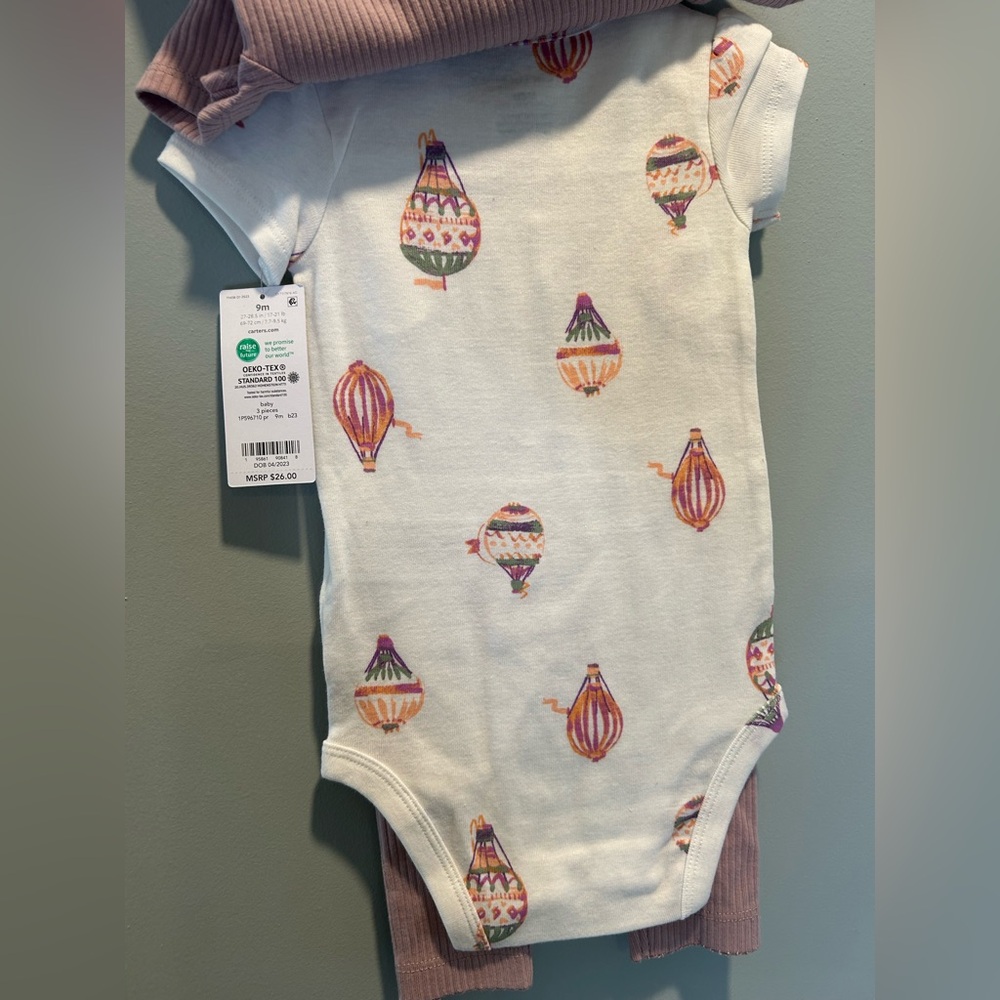 Carter’s Baby Girl Hot Air Balloon Bodysuit 3 Piece Set NWT - Picture 4 of 9